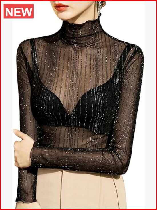 Tops - Women's Mock Neck Mesh Sheer Long Sleeve Tops See Through Going Out Tee